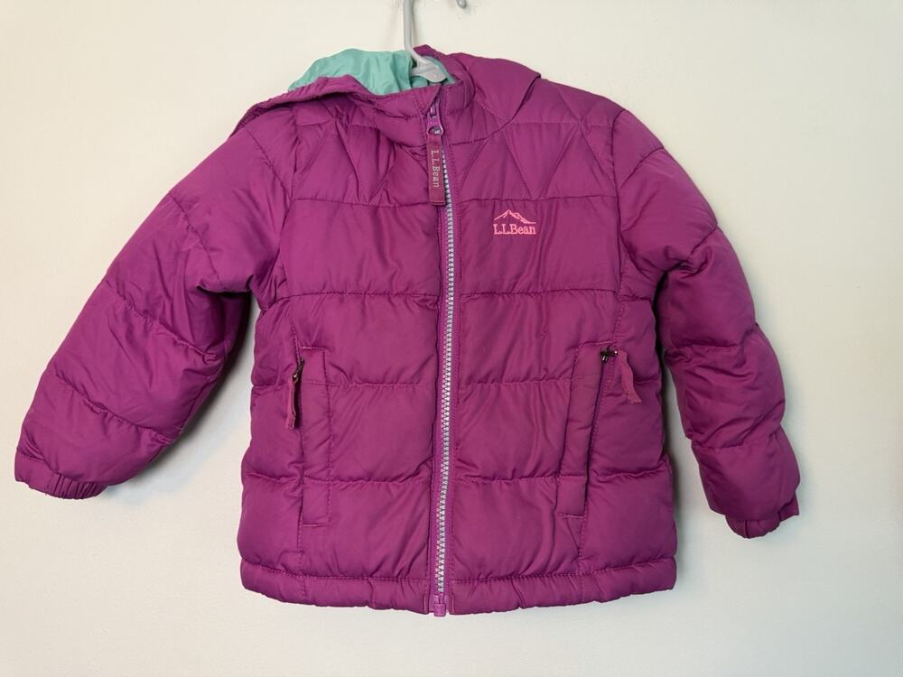 LL Bean Down Winter Puffer Coat With Hood Purple Little Girls 3/3T Sherpa Lined